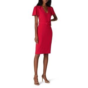 Badgley Mischka Red Flutter Sleeve Belted Sheath Dress Size 2